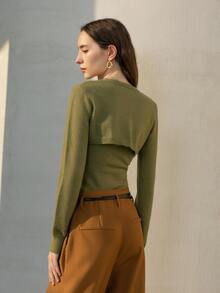 Áo len nữ Nút phía trước màu trơn Thanh lịch - xanh quân đội - Xem 2