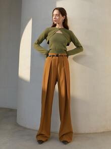 Áo len nữ Nút phía trước màu trơn Thanh lịch - xanh quân đội - Xem 3