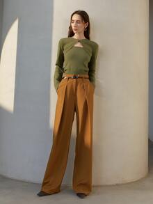 Áo len nữ Nút phía trước màu trơn Thanh lịch - xanh quân đội - Xem 4