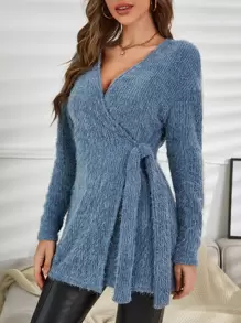 SHEIN Clasi Wrap Knot Side Fuzzy Coat - Blue - View 1