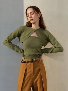 Áo len nữ Nút phía trước màu trơn Thanh lịch - xanh quân đội - Xem 5