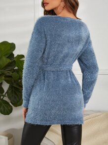 SHEIN Clasi Wrap Knot Side Fuzzy Coat - Blue - View 2