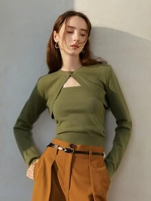 Áo len nữ Nút phía trước màu trơn Thanh lịch - xanh quân đội - Xem 7