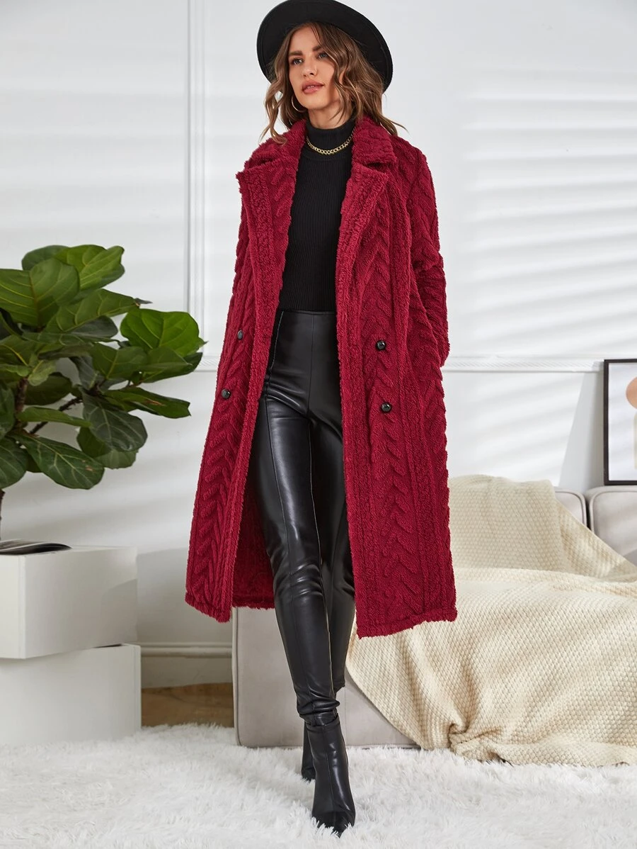 SHEIN Clasi Lapel Collar Double Breasted Coat - Burgundy - View 1