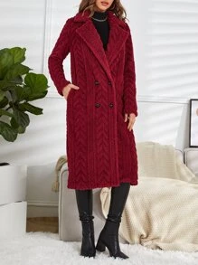 SHEIN Clasi Lapel Collar Double Breasted Coat - Burgundy - View 5