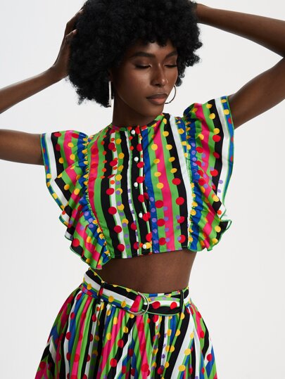 SHEIN X SHAQUITA GARCIA Polka Dot & Stripe Print Ruffle Crop Top