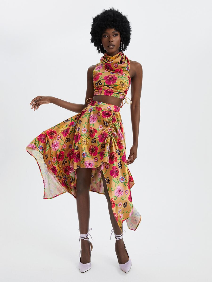 RUNWAY SHERO Floral Print Drawstring Side Top & Asymmetrical Skirt Set ...