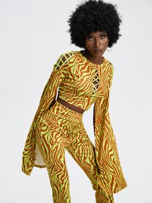 RUNWAY SHERO Zebra Striped Lace Up Front Flounce Sleeve Crop Tee - Multicolor - View 4