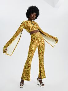 RUNWAY SHERO Zebra Striped Lace Up Front Flounce Sleeve Crop Tee - Multicolor - View 5