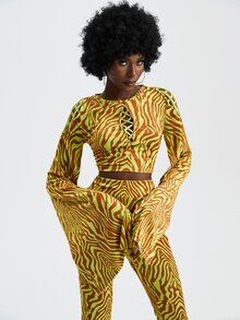 RUNWAY SHERO Zebra Striped Lace Up Front Flounce Sleeve Crop Tee - Multicolor - View 6