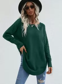 SHEIN LUNE Raglan Sleeve Curved Hem Jumper - Dark Green - View 1