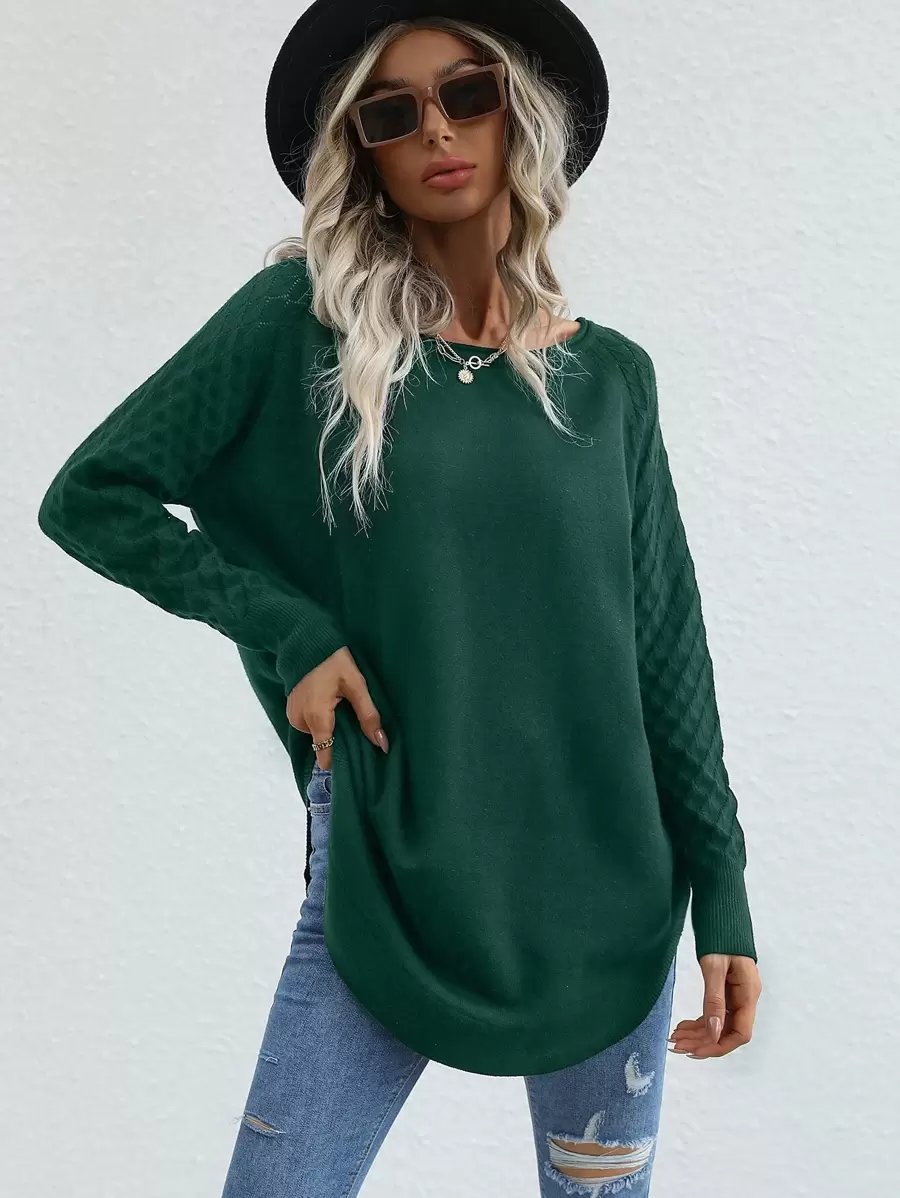 SHEIN LUNE Raglan Sleeve Curved Hem Jumper - Dark Green - View 1