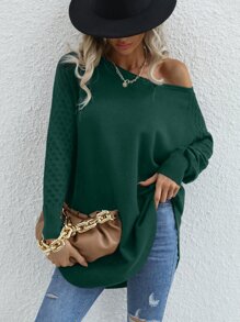 SHEIN LUNE Raglan Sleeve Curved Hem Jumper - Dark Green - View 3