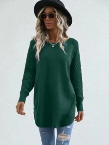 SHEIN LUNE Raglan Sleeve Curved Hem Jumper - Dark Green - View 4