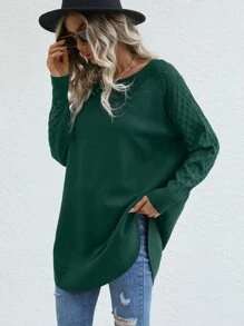 SHEIN LUNE Raglan Sleeve Curved Hem Jumper - Dark Green - View 5