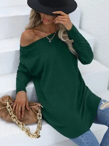 SHEIN LUNE Raglan Sleeve Curved Hem Jumper - Dark Green - View 6