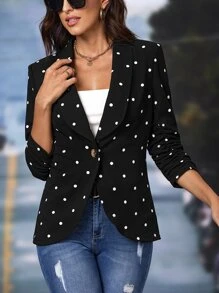 SHEIN Clasi Polka Dot Shawl Collar Single Button Blazer - Black - View 5
