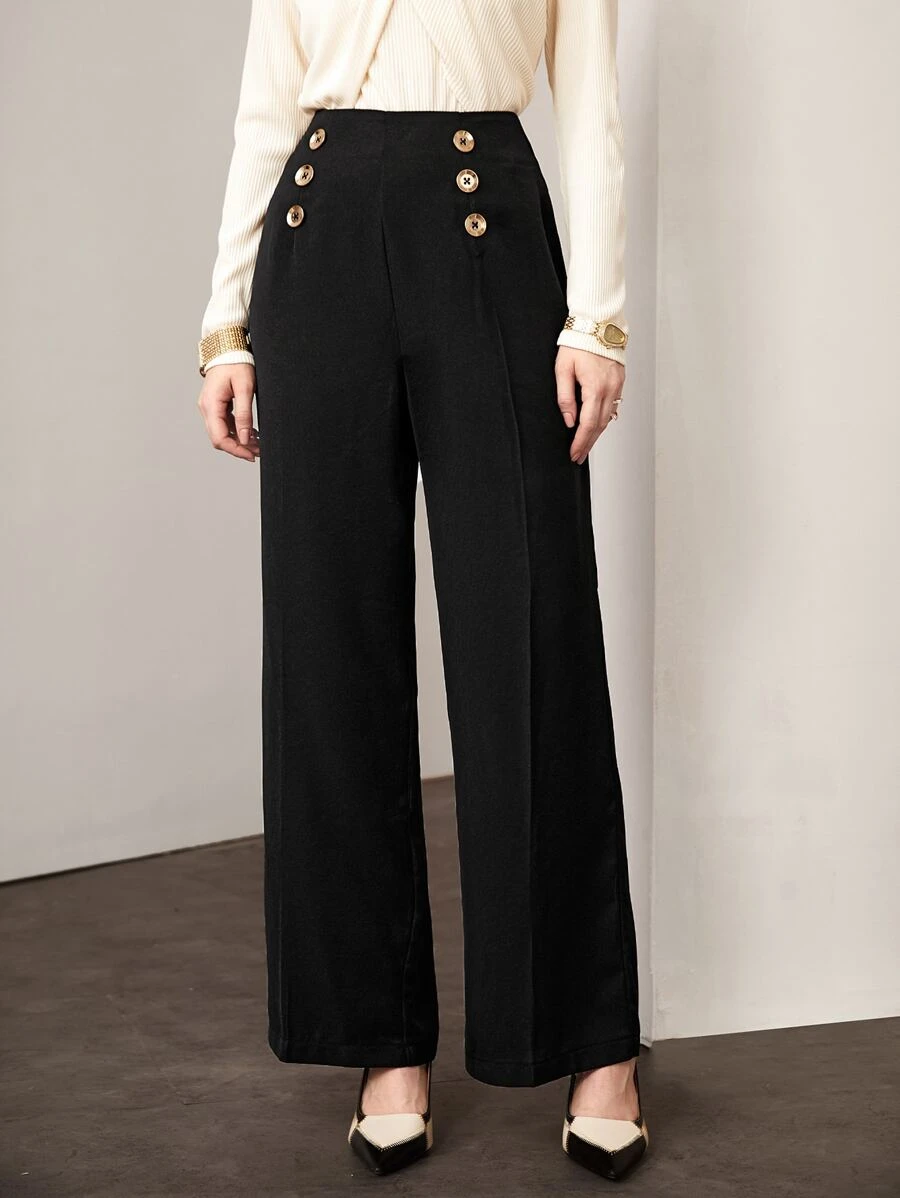Modelyn 紐扣細節闊腿褲 - 黑色 - 查看 1