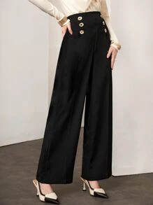 Modelyn 紐扣細節闊腿褲 - 黑色 - 查看 3