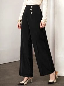 Modelyn 紐扣細節闊腿褲 - 黑色 - 查看 4