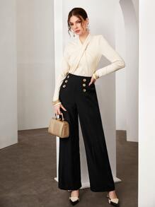 Modelyn 紐扣細節闊腿褲 - 黑色 - 查看 5