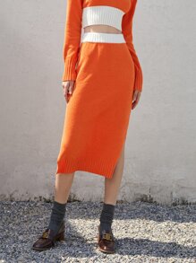 Split Hem Knit Skirt - Orange - View 1