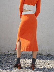 Split Hem Knit Skirt - Orange - View 2