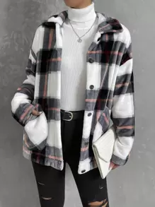 SHEIN Essnce Plaid Print Drop Shoulder Coat - Black and White - View 1