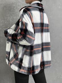 SHEIN Essnce Plaid Print Drop Shoulder Coat - Black and White - View 2