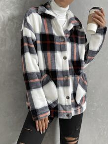 SHEIN Essnce Plaid Print Drop Shoulder Coat - Black and White - View 4