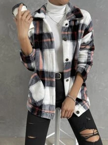 SHEIN Essnce Plaid Print Drop Shoulder Coat - Black and White - View 6