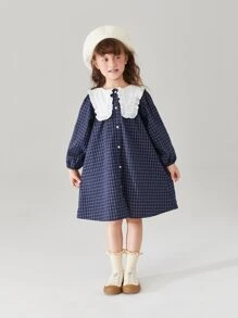 小女童格紋印花娃娃領燈籠袖連衣裙