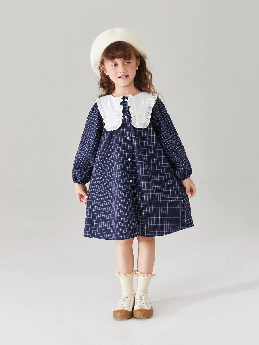 小女童格紋印花娃娃領燈籠袖連衣裙