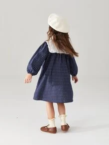 小女童格紋印花娃娃領燈籠袖連衣裙
