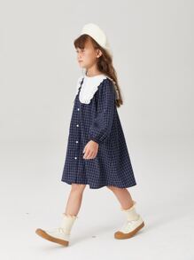 小女童格紋印花娃娃領燈籠袖連衣裙