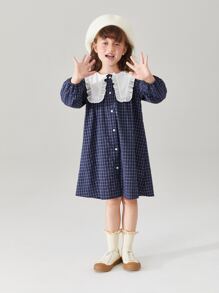 小女童格紋印花娃娃領燈籠袖連衣裙