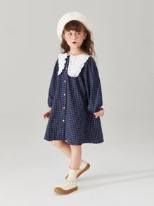 小女童格紋印花娃娃領燈籠袖連衣裙