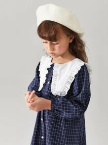 小女童格紋印花娃娃領燈籠袖連衣裙