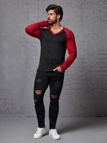 Manfinity Men Letter Patched Raglan Sleeve Tee - Multicolor - View 3