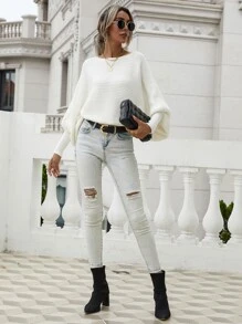 EMERY ROSE Áo len tay cánh dơi dệt gân, áo chui đầu dệt kim mùa thu đông. - trắng - Xem 4