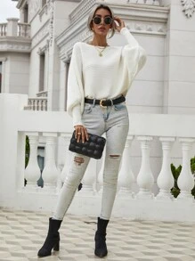 EMERY ROSE Áo len tay cánh dơi dệt gân, áo chui đầu dệt kim mùa thu đông. - trắng - Xem 6