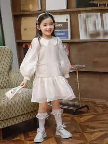 小女童燈籠袖口袋貼布荷葉邊洋裝