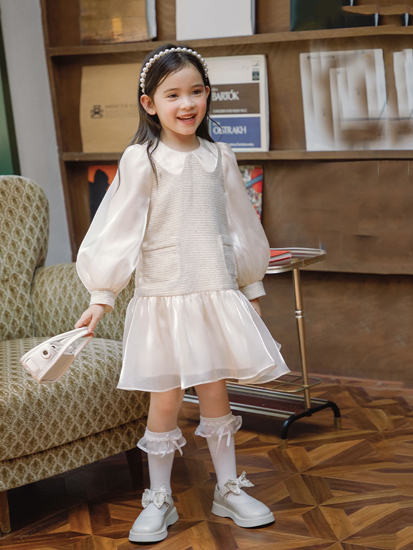 小女童燈籠袖口袋貼布荷葉邊洋裝