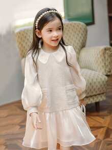 小女童燈籠袖口袋貼布荷葉邊洋裝