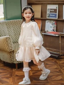 小女童燈籠袖口袋貼布荷葉邊洋裝