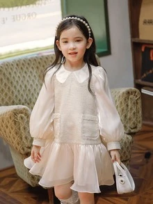 小女童燈籠袖口袋貼布荷葉邊洋裝