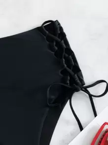 Swim Basics Summer Beach Lace Up Side Bikini Bottom - Black - View 6