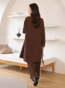 Modelyn Wrap Front Halter Top & Flare Leg Trousers With Coat - Coffee Brown - View 2
