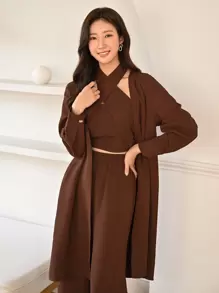 Modelyn Wrap Front Halter Top & Flare Leg Trousers With Coat - Coffee Brown - View 3