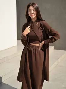 Modelyn Wrap Front Halter Top & Flare Leg Trousers With Coat - Coffee Brown - View 4